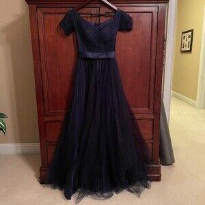 XS Navy Blue Beautiful Princess Prom Maxi Ribbon Back Lace Up Shoulder Dress